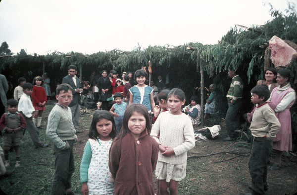 Mapuchen Indios Chile Südamerika Lateinamerika Ngillatun, Alle Dorfbewohner ziehen während des Festes in Laubhütten um